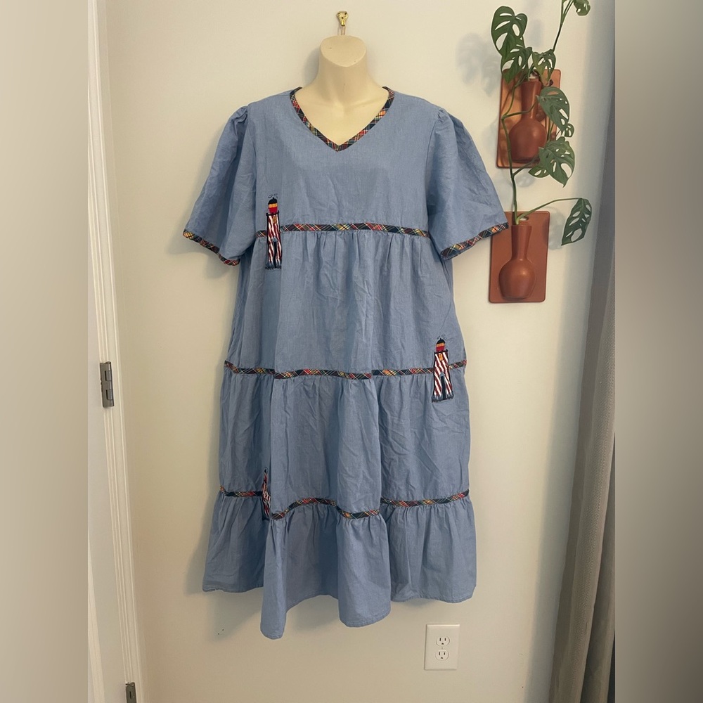 Blair Denim Nautical Lighthouse Tiered Dress w Pockets Plaid Trim Large